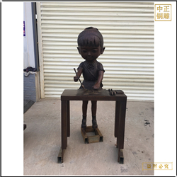 鑄銅關公 小女孩寫毛筆字銅雕塑